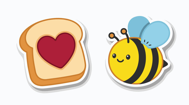 Simple cartoon bee and toast stickers on white background.