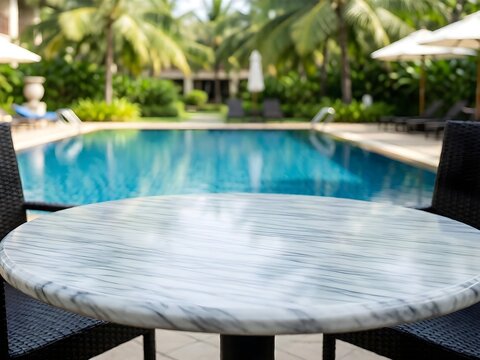 Empty white round marble table top surface for product display with blurred tropical resort swimming pool background and palm trees.