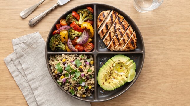 Grilled chicken breast with quinoa, roasted vegetables and avocado arranged as a colorful healthy meal prep bowl.