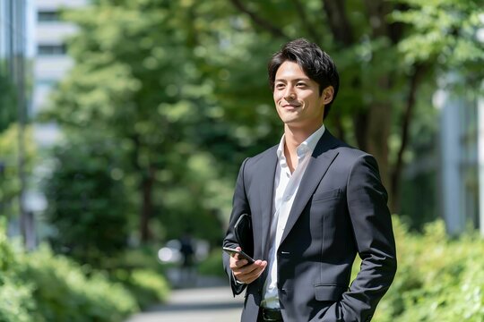 都会の緑道でスマートフォンを持ち自信満々に歩む日本人男性