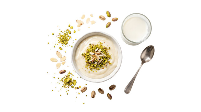 Healthy yogurt bowl with crushed pistachios and almonds, creamy dairy breakfast with milk glass and spoon, nutritious morning snack with nuts isolated PNG with Transparent Background