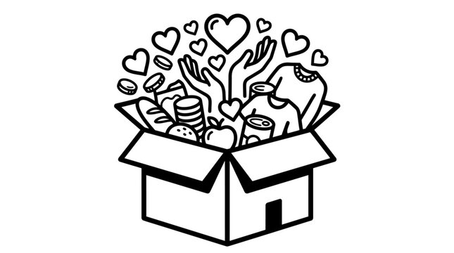 Charity donation box with food and clothes helping hands illustration