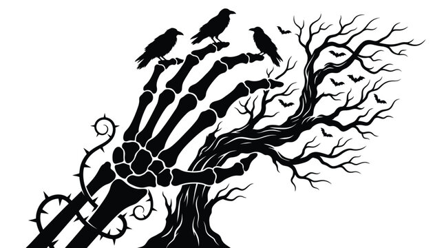 Scary skeleton hand reaching towards twisted dead tree branches with black ravens and flying bats in a dark gothic style