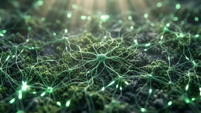 Neural network firing green electrical impulses through synapses, microscopic view of brain cells communicating, 3D animation