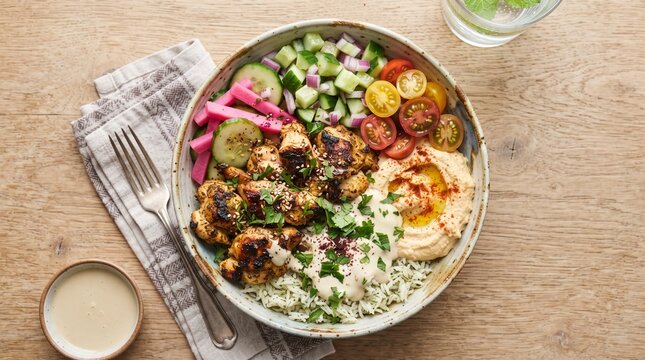 Chicken kebab bowl with grilled meat, fluffy rice, hummus, fresh vegetables, pickles and tahini drizzle.