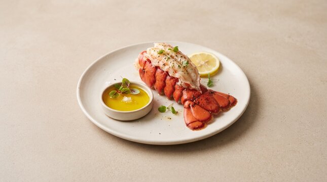 Minimalist lobster tail with golden clarified butter, microgreens and lemon on an ivory plate with clean luxury styling.