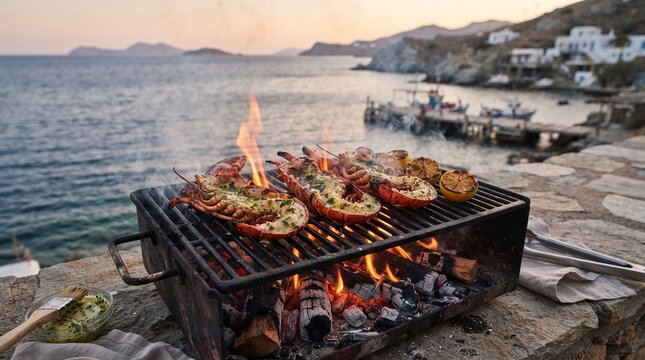 Grilled lobster halves brushed with herb butter over charcoal, featuring smoky shells, caramelized edges and fresh lemon.