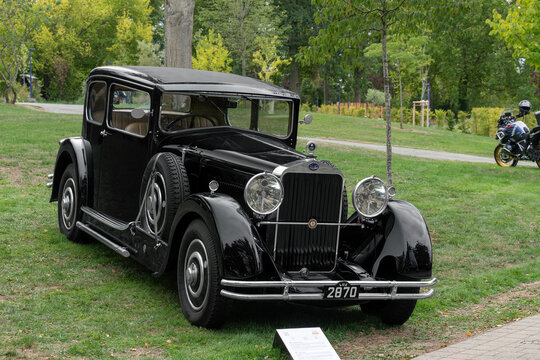 Mondorf-les-Bains, Luxembourg - September 13th 2026 : View on a black Delage D8 N from 1930 parked on a lawn.
