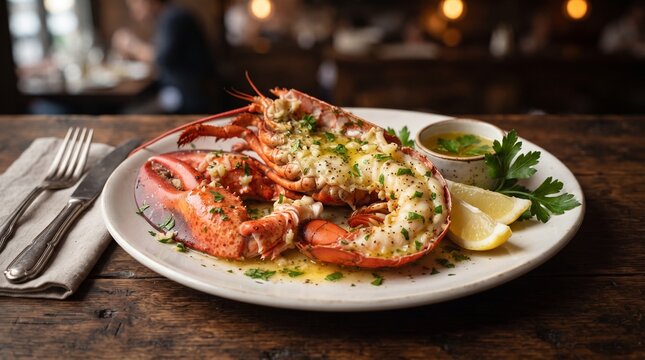 Butter lobster with golden garlic sauce, parsley and lemon wedges served on an elegant ceramic plate in warm restaurant lighting.