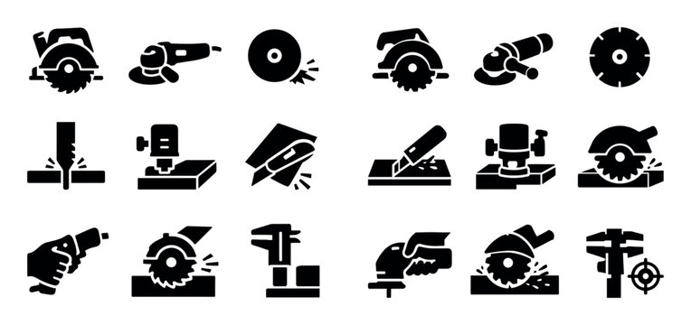 Power tools and cutting icon set with circular saw angle grinder and cutting disc for user interface design in solid glyph style
