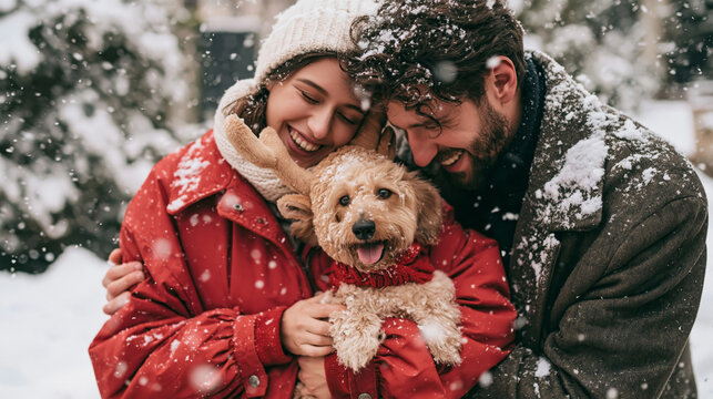 Happy couple cuddling their dog in the snow during a festive winter holiday