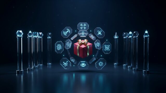 A red gift box with a gold ribbon floating in the center of a circle of glowing blue technology flanked by tall glass crystal pillars