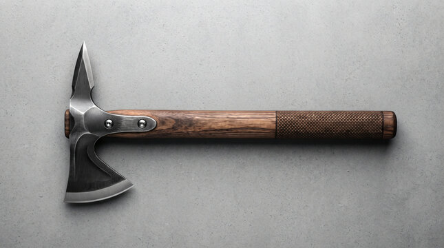 Modern tactical tomahawk axe with steel blade spike back and textured wooden handle resting flat lay on smooth gray stone background