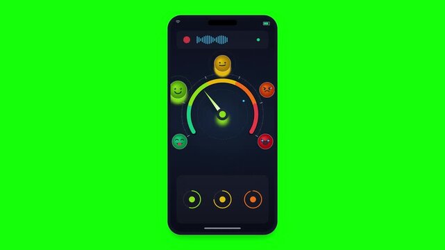Multiple smartphone screens displaying mood meters on green screen