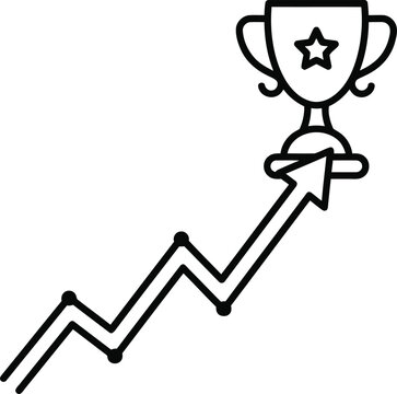 Line art illustration of a trophy cup icon at the end of a rising growth graph.