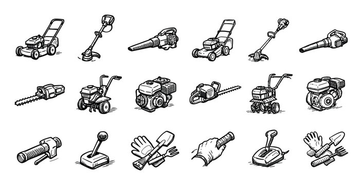 Garden and gasoline icon set with lawn mower grass trimmer and leaf blower for branding design in hand drawn sketch style