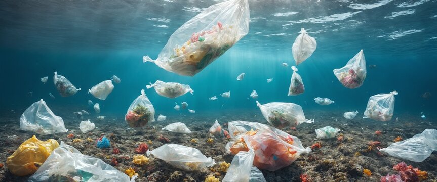 ocean plastic bags under the sea. The problem of ocean pollution with garbage.