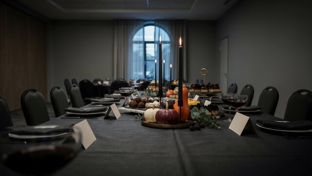 A long dining table set for a formal dinner with black tablecloths, tall black candles, small pumpkins, and place cards in a dim, room