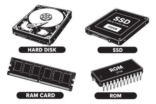 Computer Memory and Storage Devices Collection with Hard Disk, SSD, RAM and ROM