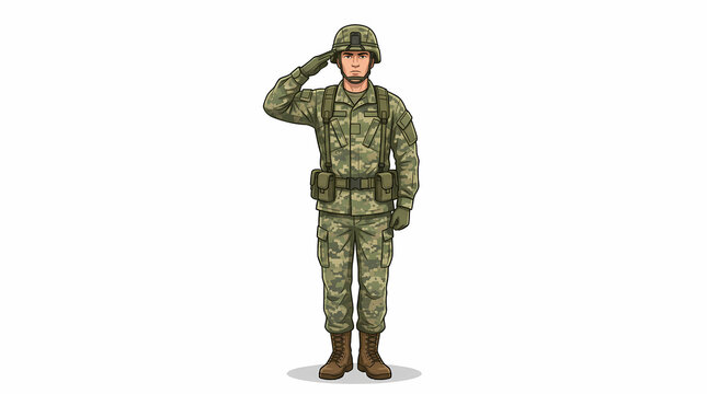 Military soldier saluting in camouflage uniform clipart isolated