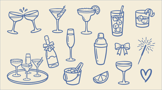 Hand drawn cocktail drinks bar glassware and mixology vector icon set