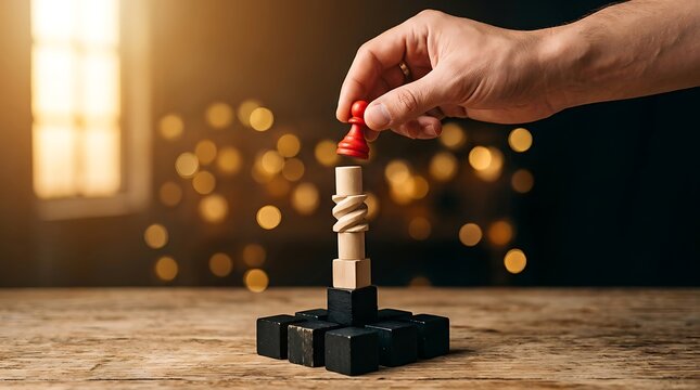 Hand placing red pawn on precarious tower of blocks