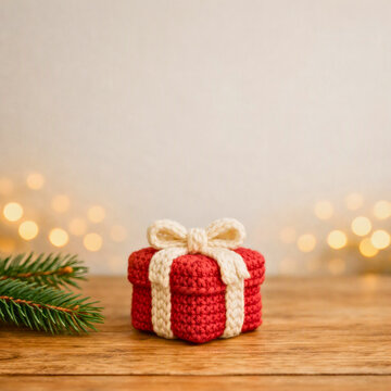 Handmade crochet red gift box with a white bow on a wooden surface with Christmas lights in the background