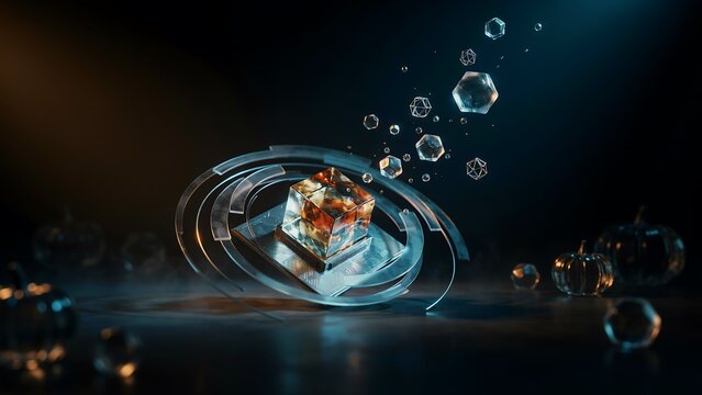 A glowing glass cube floating in the center of abstract circular rings with small geometric shapes and crystal pumpkins on a dark misty surface