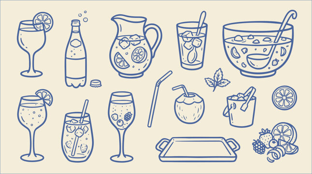 Hand drawn refreshing drinks cocktails juice and beverage icon set