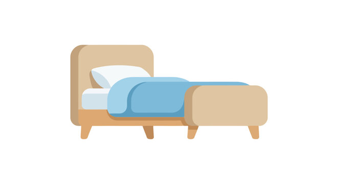Single bed with blue bedding is a flat vector illustration on white
