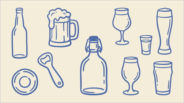 Hand drawn beer wine glassware and bar drinks beverage vector icon set