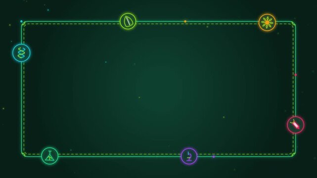 Futuristic digital frames with scientific icons on dark background