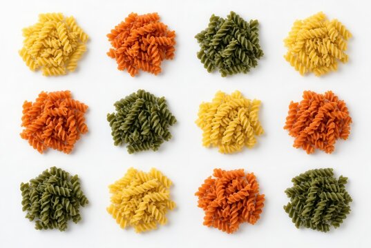 Multicolored dry fusilli pasta heaps arranged in a neat grid pattern