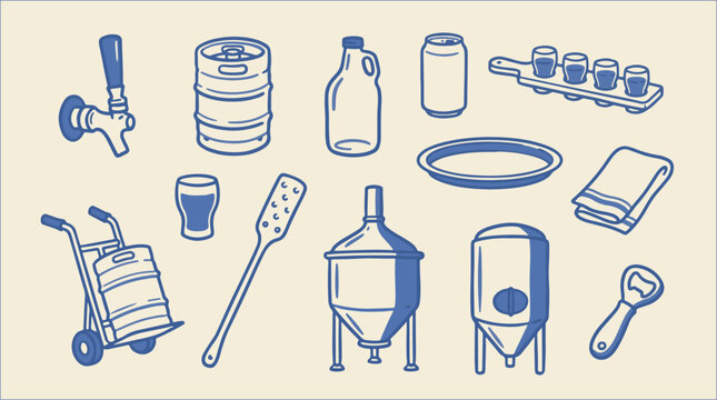 Hand drawn brewery craft beer production equipment and drink icon set