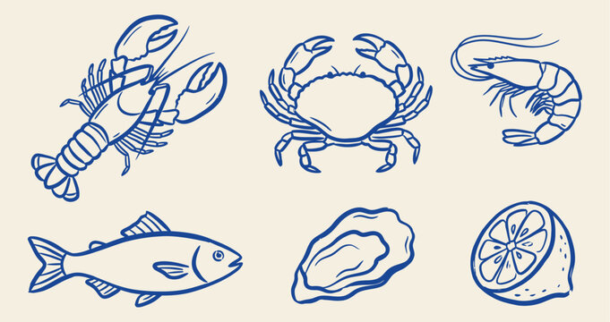 Hand drawn blue line vector set of fresh seafood including lobster, crab, shrimp, fish, oyster, and lemon