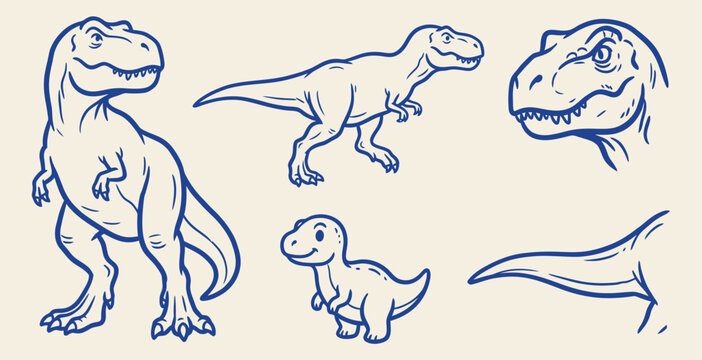 Hand drawn blue line vector set of tyrannosaurus rex dinosaurs in various poses