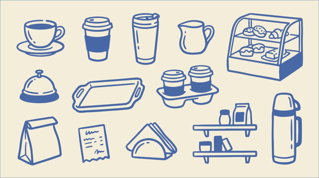 Hand drawn coffee shop cafe cups pastry and service vector icon set