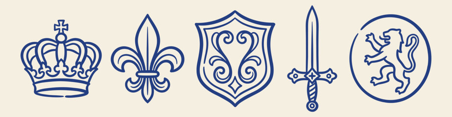 Set of blue hand drawn heraldic elements, crown, fleur de lis, shield, sword, and lion on a light background © Irfan
