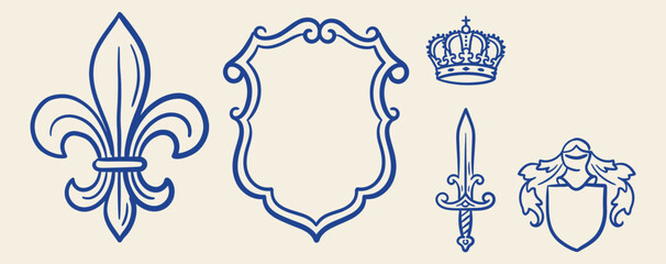 Set of blue hand drawn heraldic elements, fleur de lis, shield, crown, and sword on a light background © Irfan