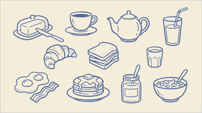 Hand drawn breakfast brunch food coffee and morning meal icon set