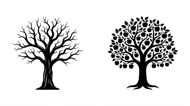 Elegant vector silhouettes of a bare deciduous tree and a vibrant apple tree, illustrating the distinct phases of nature's life cycle from dormancy to rich harvest
