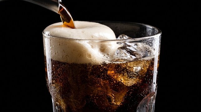 Nitro cold brew coffee pouring with cascading foam on black background