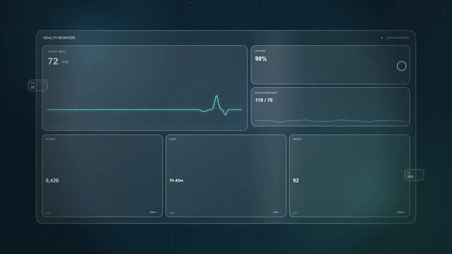 Futuristic Medical Health Monitoring Dashboard Displaying Vital Signs Data Analysis for Clinical Diagnostics and Patient Care Tracking Interface