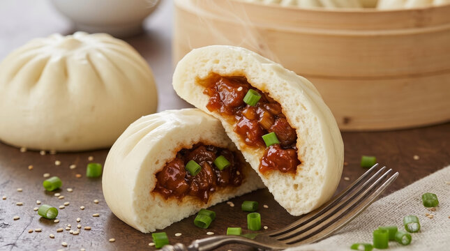 Steamed pork bun cut in half with savory filling and spring onions