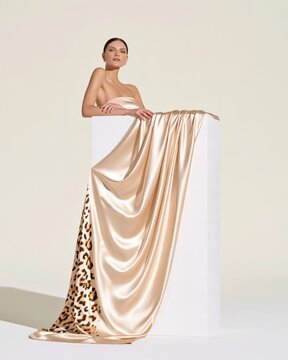 Woman draped in champagne satin fabric with leopard print hem, leaning on white pedestal against neutral background