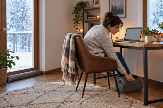 Remote worker adding a foot warmer in a cold winter home office