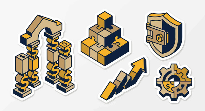 Isometric business and finance icons featuring dollar signs and growth charts