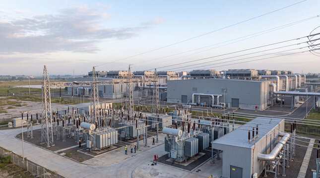 Wide view of a large electrical substation with power transformers, transmission lines and industrial infrastructure. Modern electricity distribution and energy supply facility with utility workers on