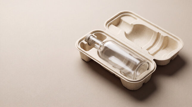 Clear glass bottle displayed inside an open molded pulp protective package on a neutral background. Sustainable recyclable packaging concept with natural fiber material and generous copy space.