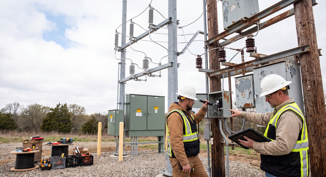 Two electrical utility workers wearing hard hats and high-visibility safety vests inspect outdoor power distribution equipment, electrical cabinets and utility infrastructure during maintenance work.